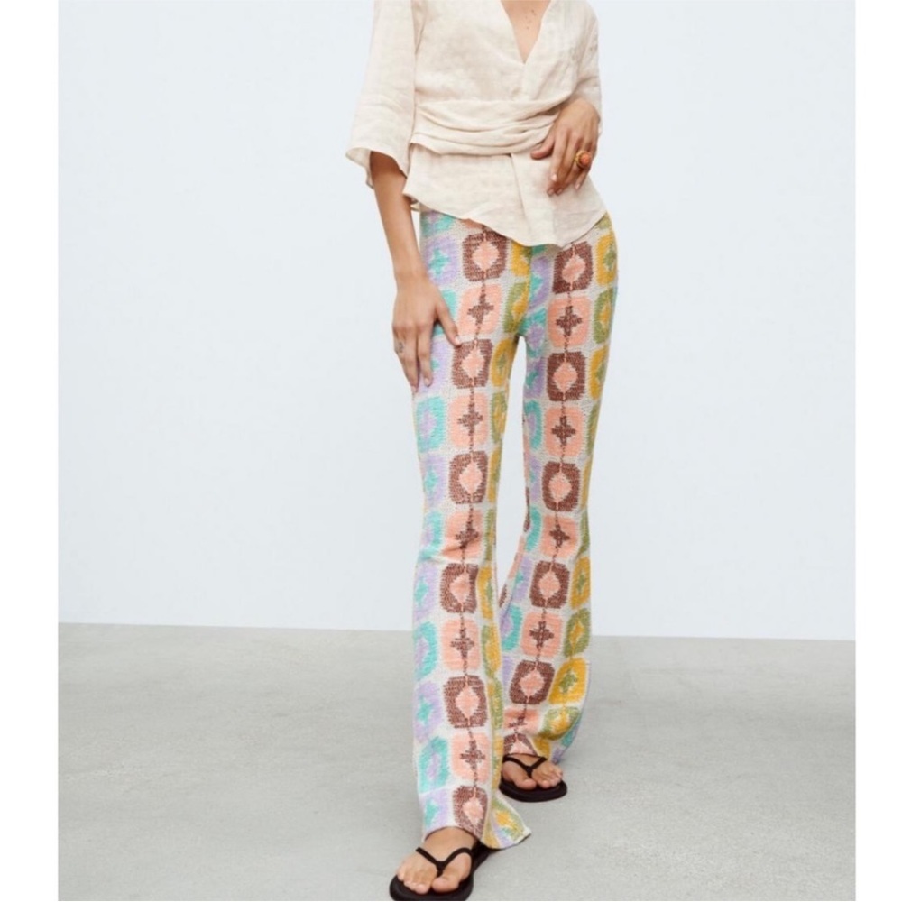 Zara Pastel Multicolor Patterned Boot Cut Pants - Picture 5 of 16